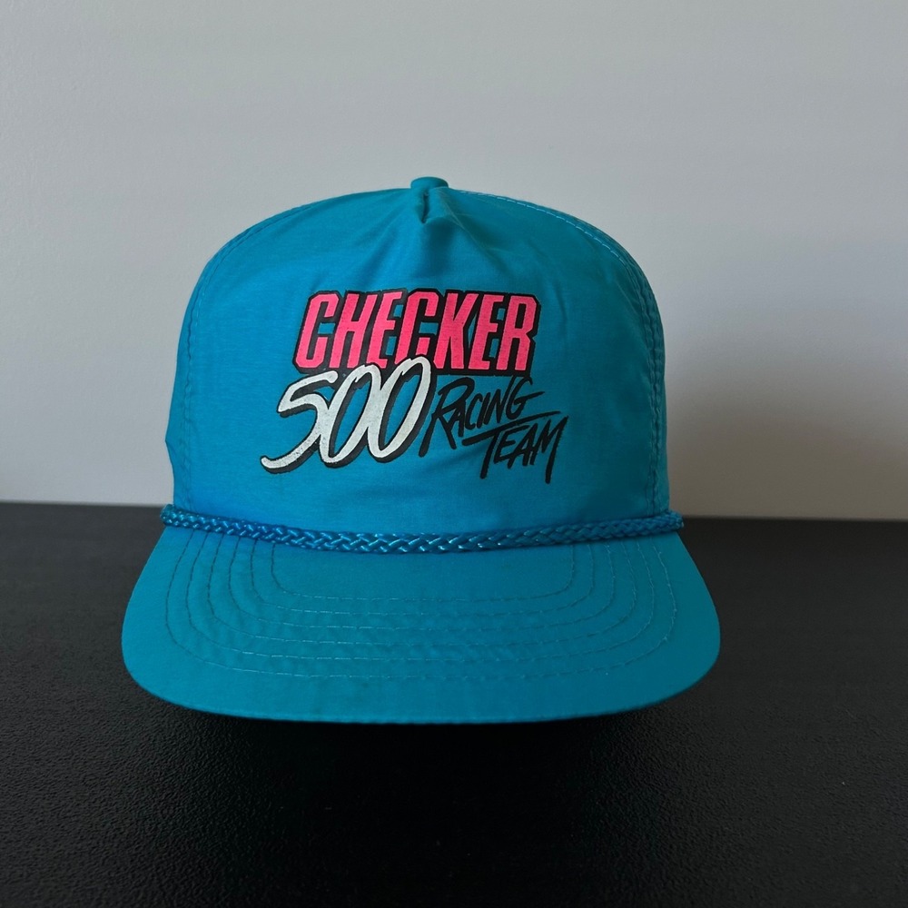 Vintage 90s Checker 500 Racing Team Hat Cap Snap Back Adjustable Blue Adult